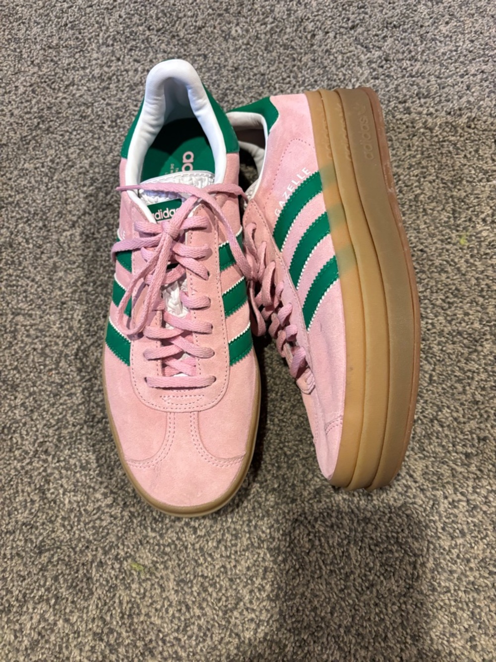 adidas Pink Suede Sneakers with Green Stripes and Gum Platform
